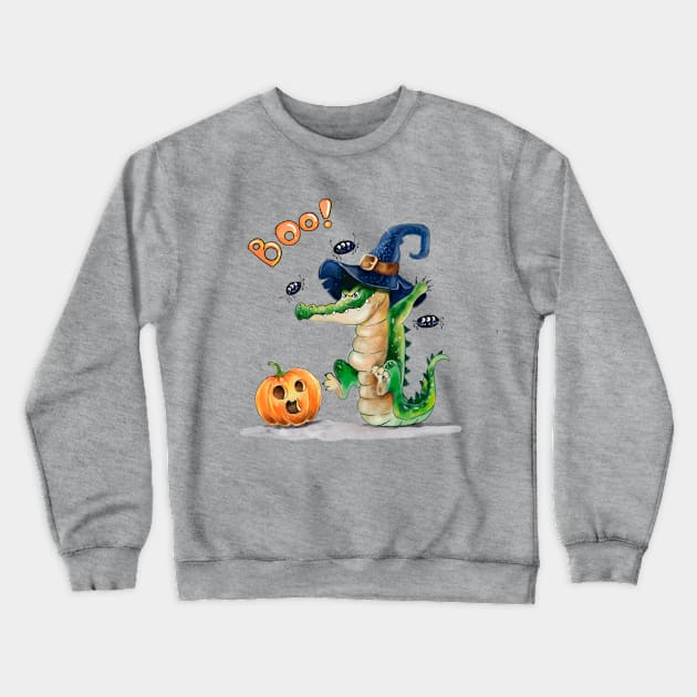 Boo! Halloween Crocodile and Pumpkin Crewneck Sweatshirt by KimLeex